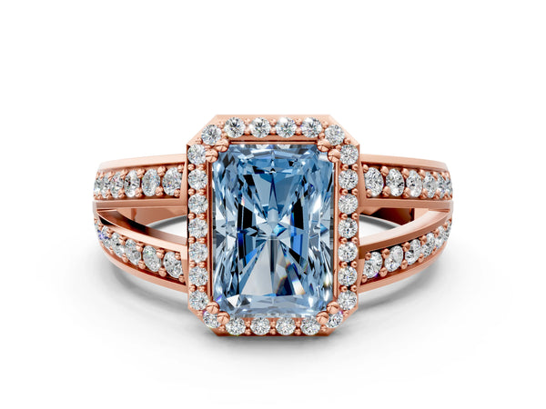 Rose gold Fancy Blue Radiant Cut Diamond Halo Ring with Split Shank Pavé Band and Four-Prong Setting