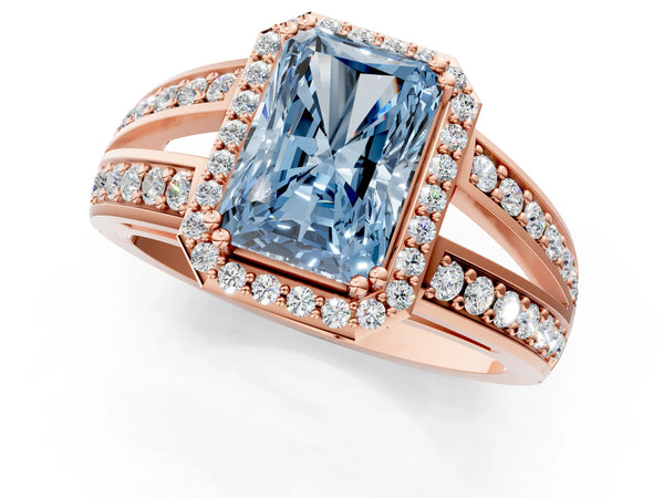 Rose gold Fancy Blue Radiant Cut Diamond Halo Ring with Split Shank Pavé Band and Four-Prong Setting