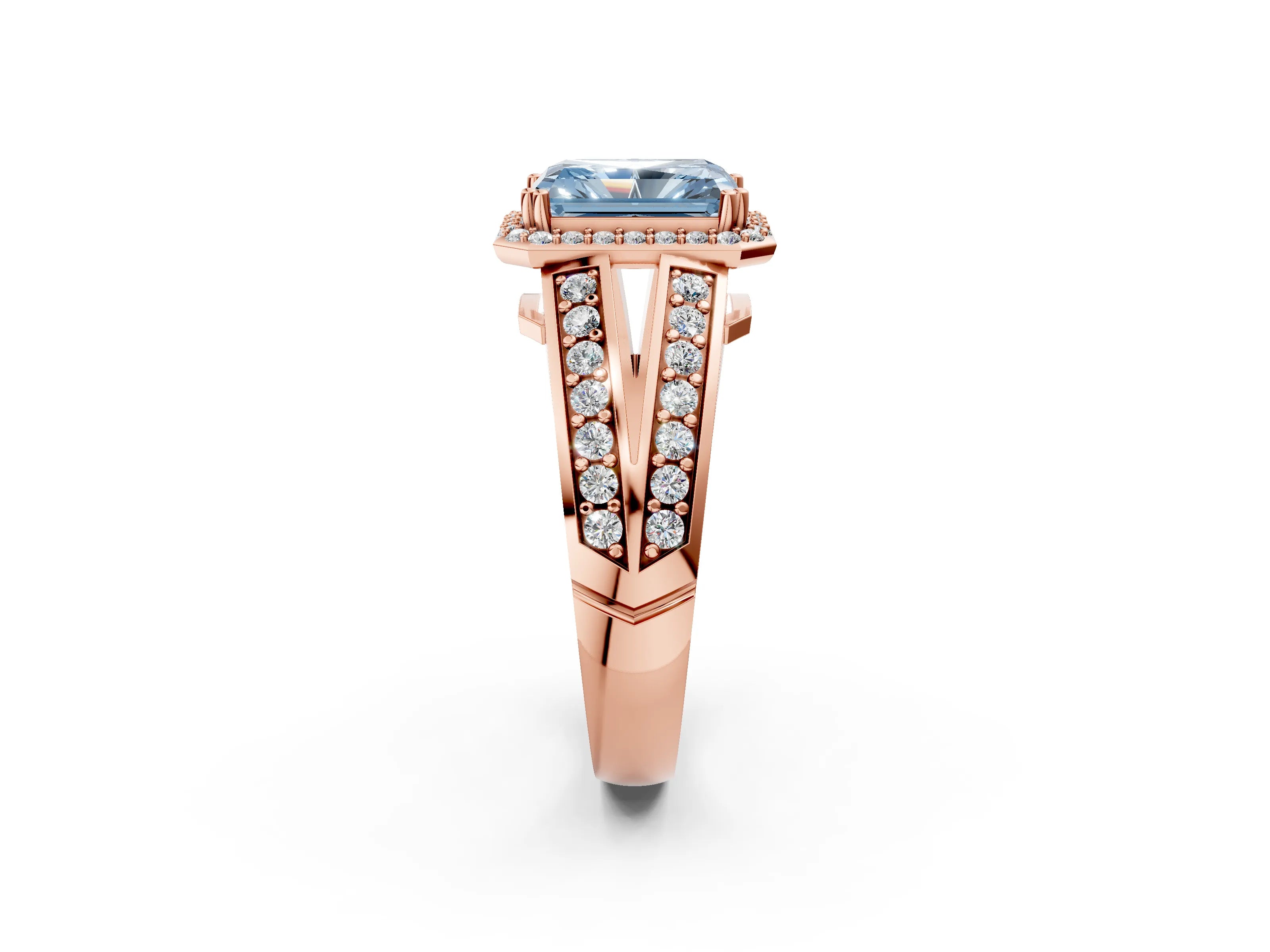 Rose gold Fancy Blue Radiant Cut Diamond Halo Ring with Split Shank Pavé Band and Four-Prong Setting_2