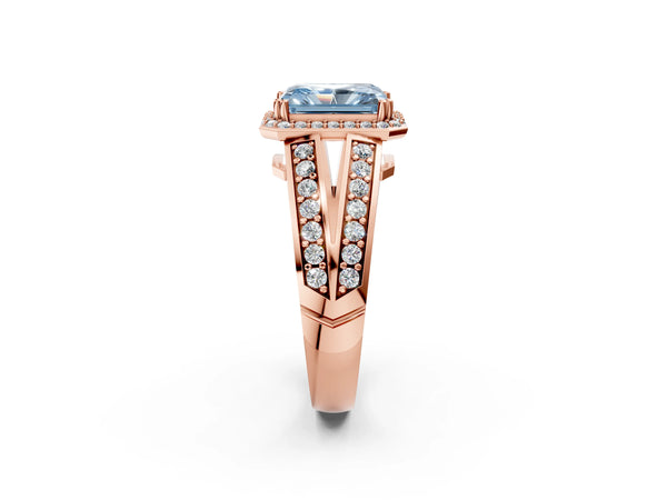 Rose gold Fancy Blue Radiant Cut Diamond Halo Ring with Split Shank Pavé Band and Four-Prong Setting