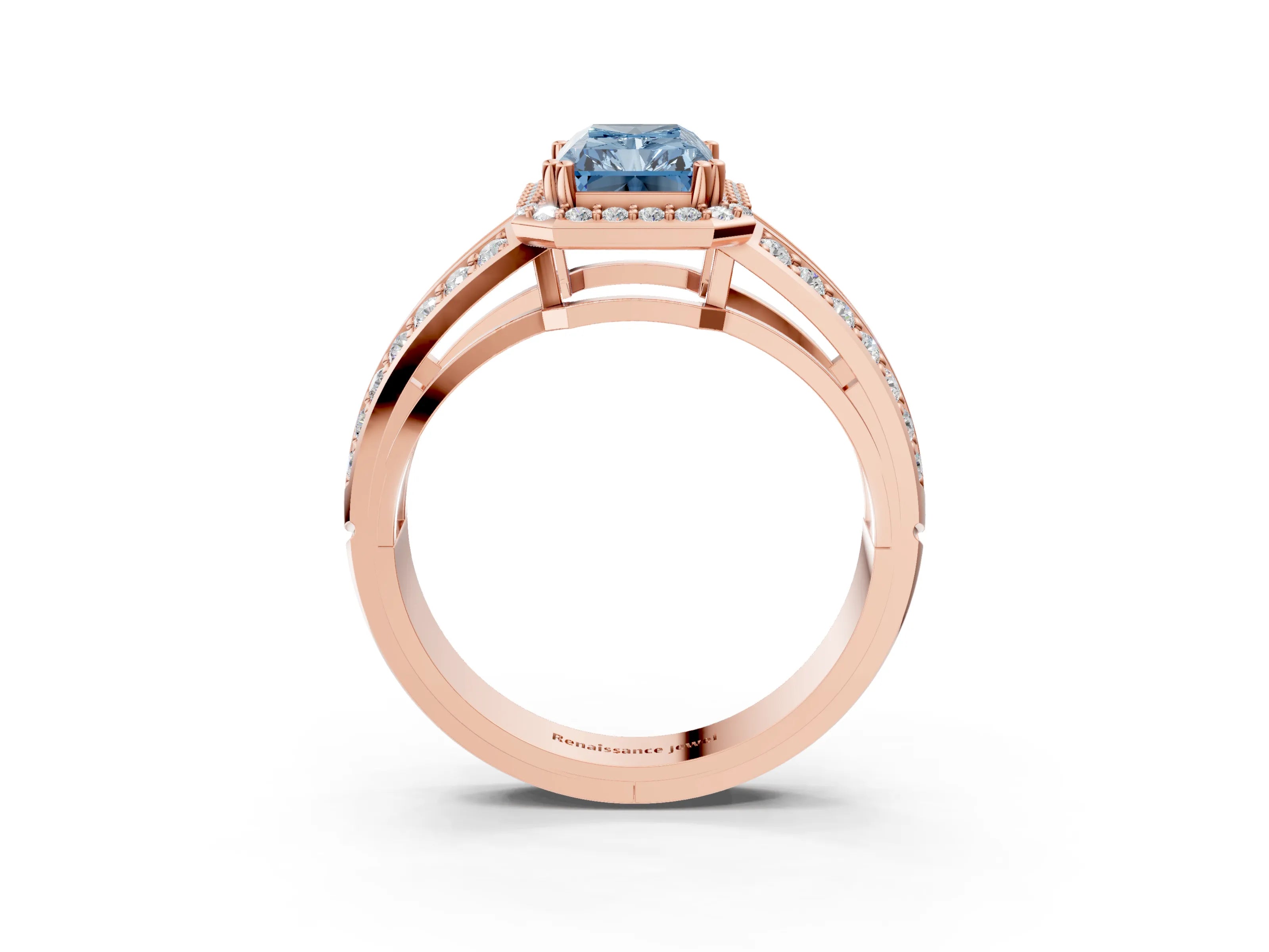 Rose gold Fancy Blue Radiant Cut Diamond Halo Ring with Split Shank Pavé Band and Four-Prong Setting_3