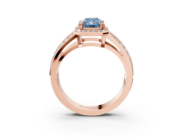 Rose gold Fancy Blue Radiant Cut Diamond Halo Ring with Split Shank Pavé Band and Four-Prong Setting