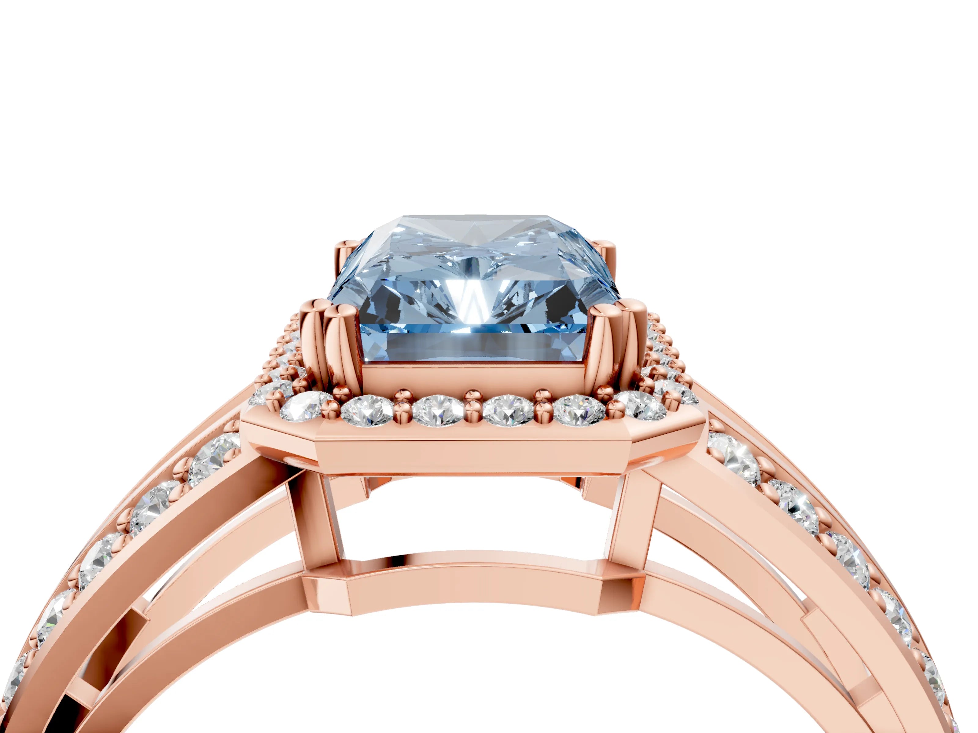 Rose gold Fancy Blue Radiant Cut Diamond Halo Ring with Split Shank Pavé Band and Four-Prong Setting_4