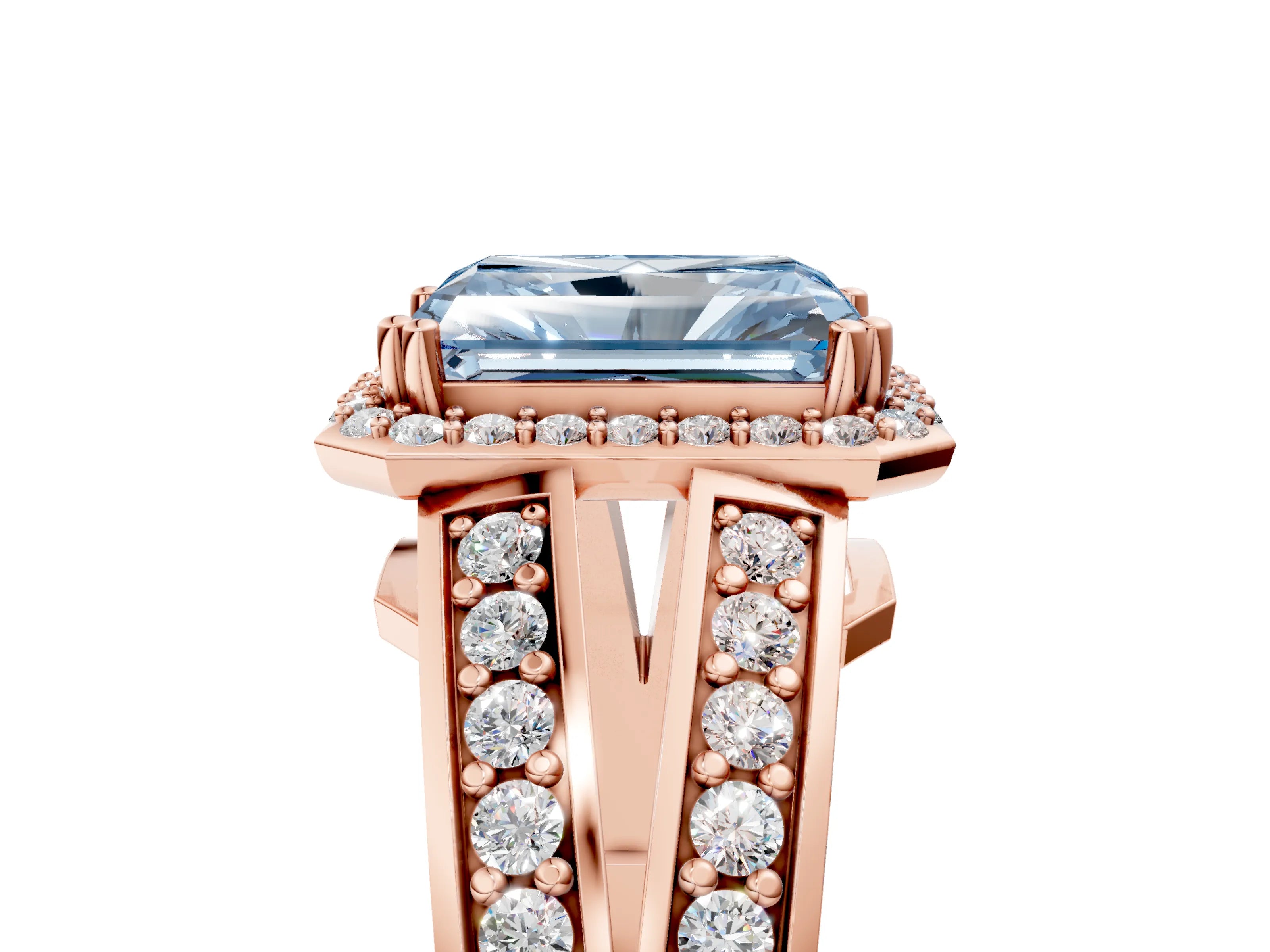Rose gold Fancy Blue Radiant Cut Diamond Halo Ring with Split Shank Pavé Band and Four-Prong Setting_5