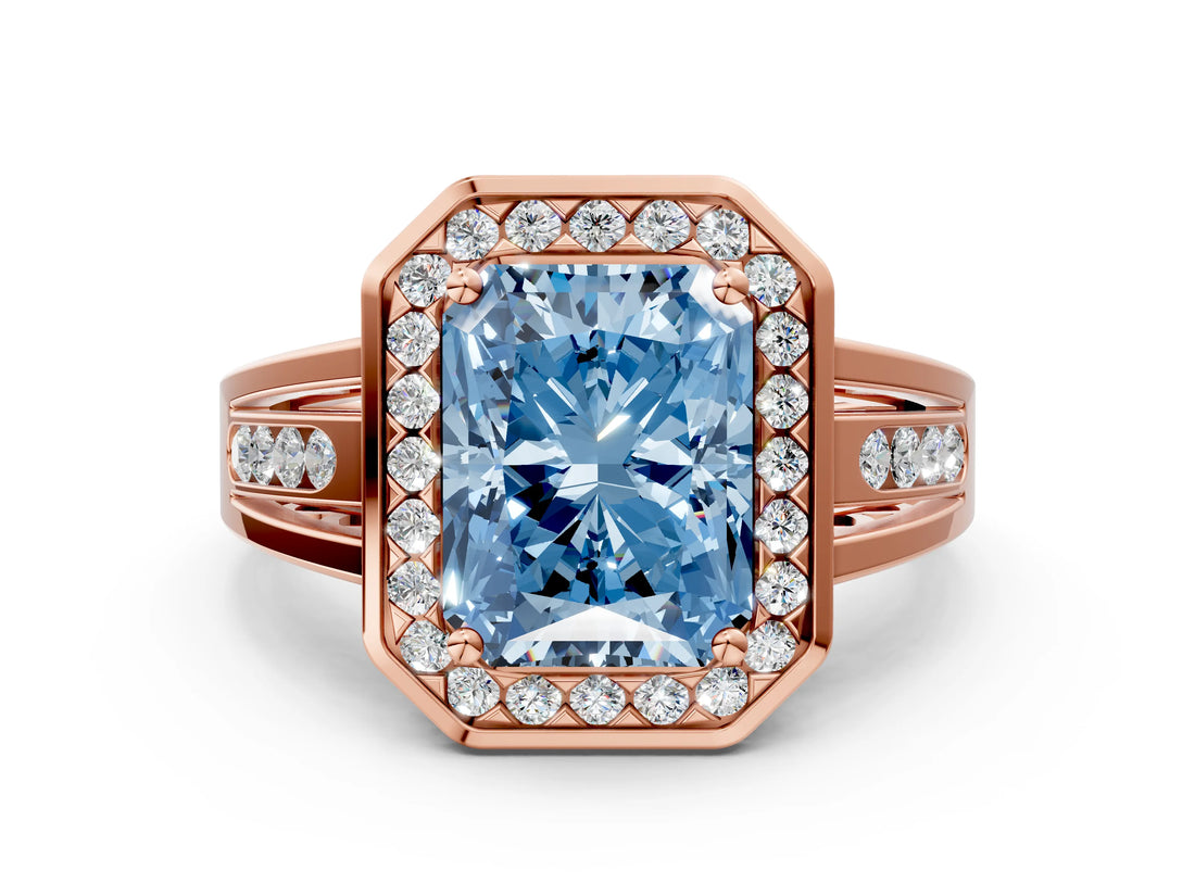 Rose gold Fancy Blue Radiant Cut Diamond Halo Ring with Split Shank and Bezel Accents and Prong Setting