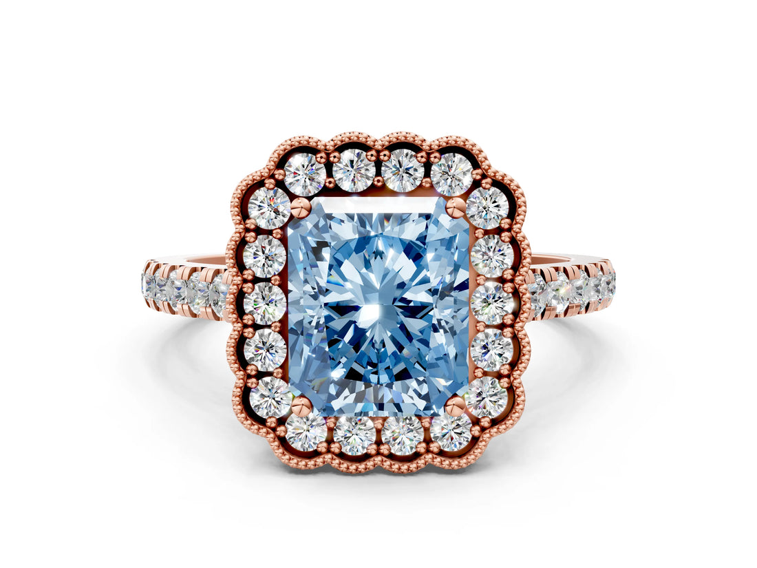 Rose gold Fancy Blue Radiant  Cut Diamond Milgrain Floral Halo Engagement Ring with Pavé Band_15