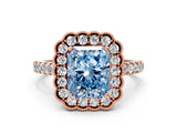 Rose gold Fancy Blue Radiant  Cut Diamond Milgrain Floral Halo Engagement Ring with Pavé Band_15