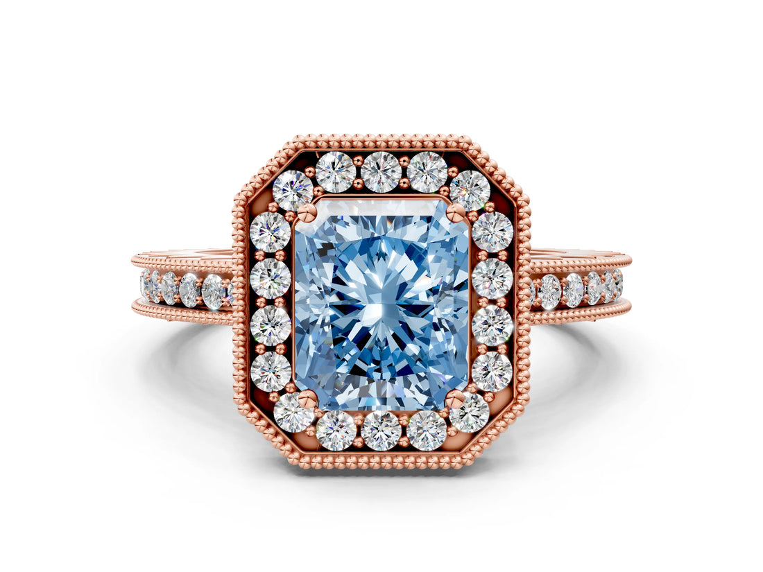 Rose gold Fancy Blue Radiant Cut Diamond Milgrain Halo Engagement Ring with Round Pavé Band and Prong Setting_24