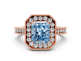 Rose gold Fancy Blue Radiant Cut Diamond Milgrain Halo Engagement Ring with Round Pavé Band and Prong Setting_24