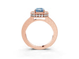 Rose gold Fancy Blue Radiant Cut Diamond Milgrain Halo Engagement Ring with Round Pavé Band and Prong Setting_27