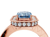Rose gold Fancy Blue Radiant Cut Diamond Milgrain Halo Engagement Ring with Round Pavé Band and Prong Setting_28