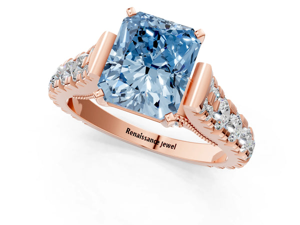 Rose gold Fancy Blue Radiant Cut Diamond Classic Solitaire Ring with Pavé Band and Four-Prong Setting