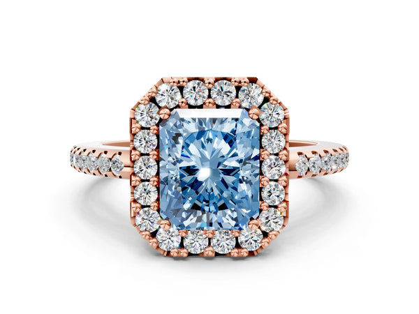 Rose gold Fancy Blue Radiant Cut Diamond Pavé Halo Ring with Four-Prong Setting