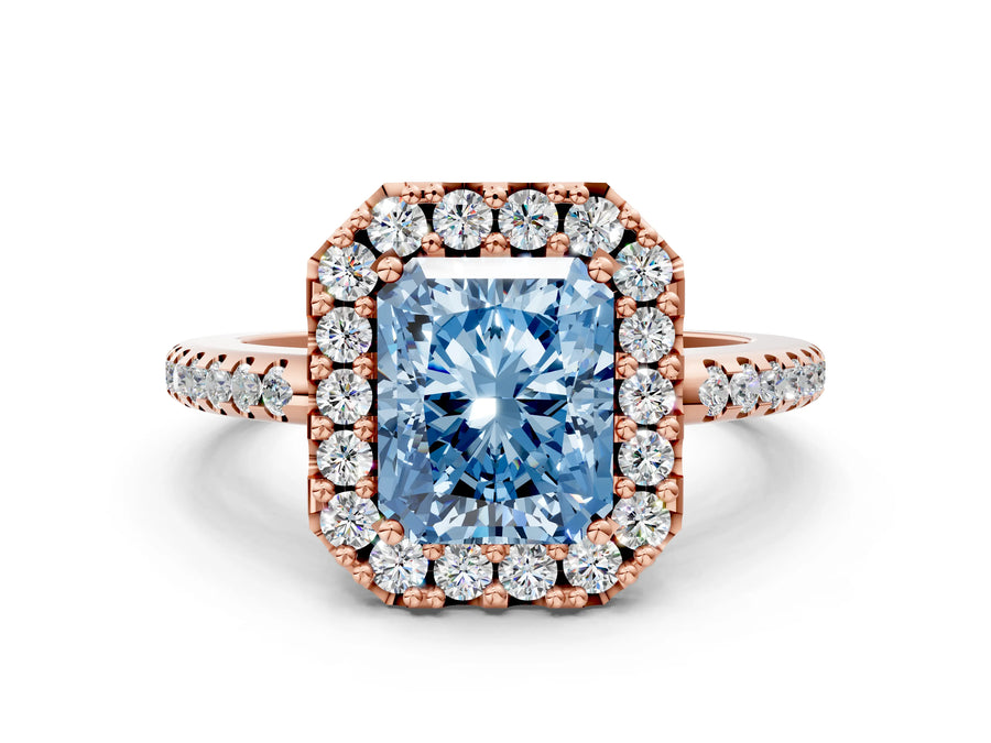 Rose gold Fancy Blue Radiant Cut Diamond Pavé Halo Ring with Four-Prong Setting