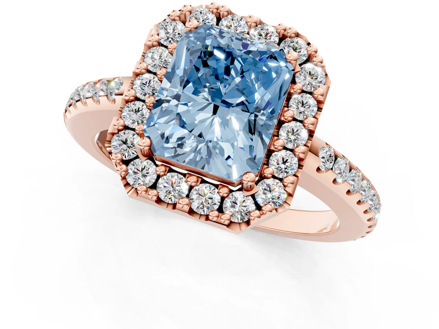 Rose gold Fancy Blue Radiant Cut Diamond Pavé Halo Ring with Four-Prong Setting