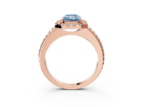 Rose gold Fancy Blue Radiant Cut Diamond Pavé Halo Ring with Four-Prong Setting