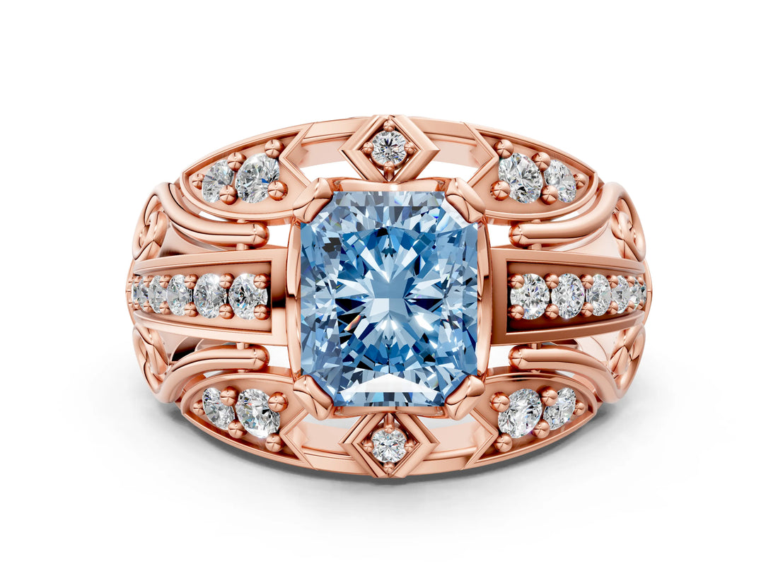Rose gold Fancy Blue Radiant Cut Diamond Pave Art Deco Split Shank Ring with Four-Prong Setting