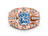 Rose gold Fancy Blue Radiant Cut Diamond Pave Art Deco Split Shank Ring with Four-Prong Setting