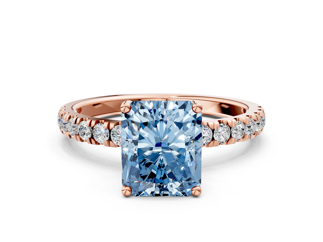Rose gold Fancy Blue Radiant Cut Diamond Pave Band Solitaire Ring with Four-Prong Setting_58