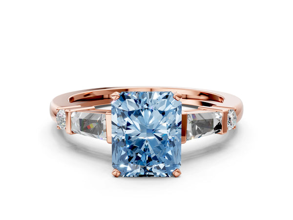 Rose gold Fancy Blue Radiant  Cut Diamond Ring with Baguette Side Stones, Channel Set Band, and Four-Prong Setting