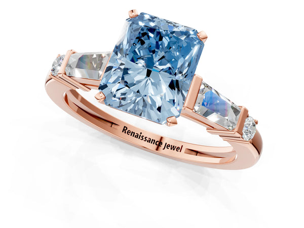 Rose gold Fancy Blue Radiant  Cut Diamond Ring with Baguette Side Stones, Channel Set Band, and Four-Prong Setting