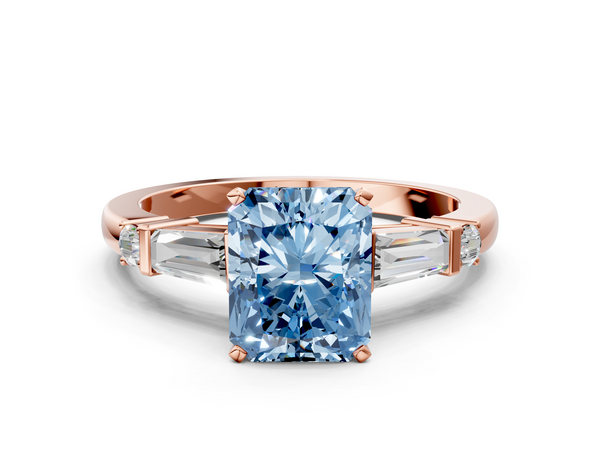 Rose gold Fancy Blue Radiant  Cut Diamond Ring with Baguette Side Stones, Channel Set Band, and Four-Prong Setting