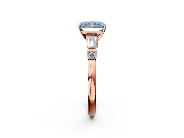 Rose gold Fancy Blue Radiant  Cut Diamond Ring with Baguette Side Stones, Channel Set Band, and Four-Prong Setting