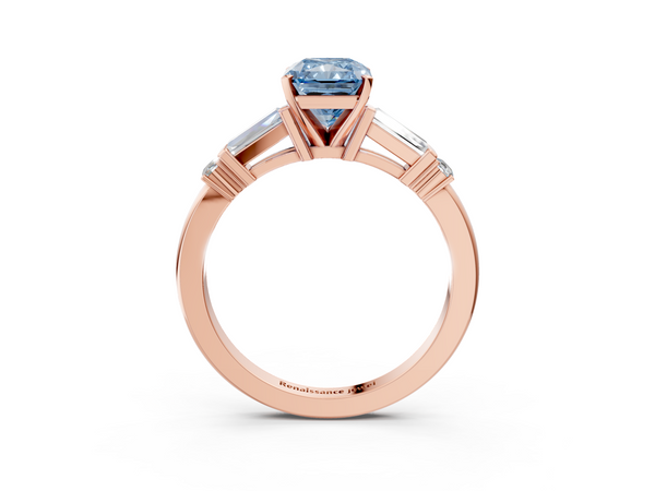 Rose gold Fancy Blue Radiant  Cut Diamond Ring with Baguette Side Stones, Channel Set Band, and Four-Prong Setting