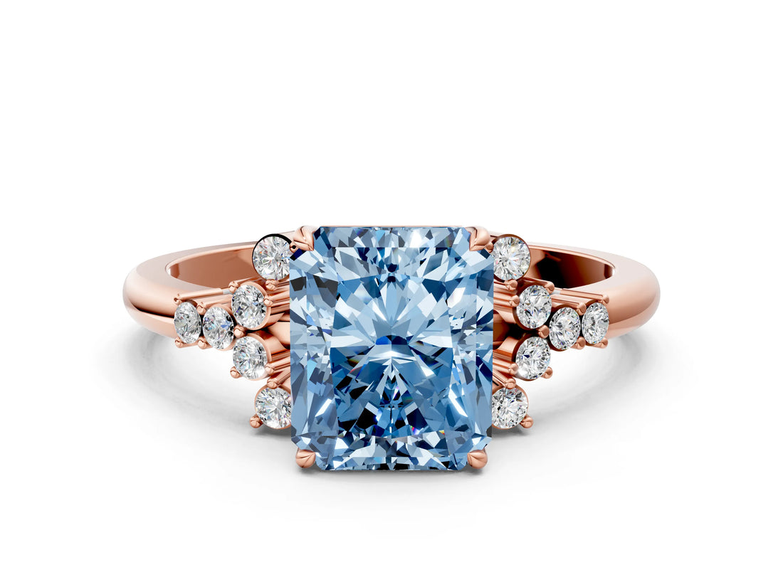 Rose gold Fancy Blue Radiant Cut Diamond Ring with Side Stones and Four-Prong Setting_112