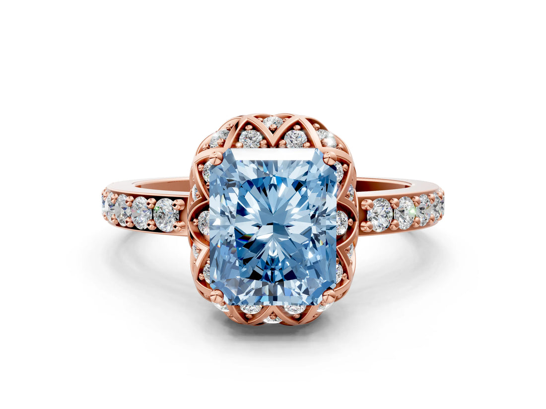 Rose gold Fancy Blue Radiant Cut Diamond Scalloped Halo Engagement Ring with Round Shared Prong Band_12