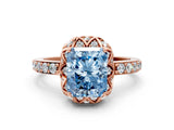 Rose gold Fancy Blue Radiant Cut Diamond Scalloped Halo Engagement Ring with Round Shared Prong Band_12