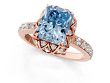 Rose gold Fancy Blue Radiant Cut Diamond Scalloped Halo Engagement Ring with Round Shared Prong Band_13