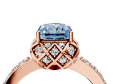Rose gold Fancy Blue Radiant Cut Diamond Scalloped Halo Engagement Ring with Round Shared Prong Band_16