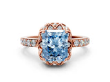 Rose gold Fancy Blue Radiant Cut Diamond Scalloped Halo Engagement Ring with Round Shared Prong Band_24