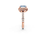 Rose gold Fancy Blue Radiant Cut Diamond Scalloped Halo Engagement Ring with Round Shared Prong Band_26
