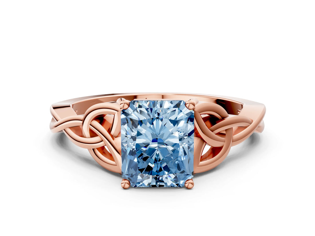 Rose gold Fancy Blue Radiant Cut Diamond Solitaire Celtic Knot Ring with Four-Prong Setting_126