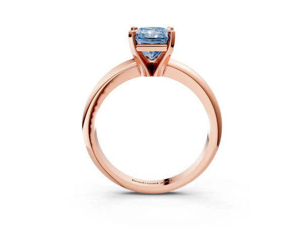 Rose gold Fancy Blue Radiant Cut Diamond Solitaire Engagement Ring with Round Band and Four-Prong Setting