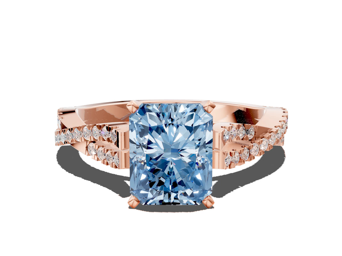 Rose gold Fancy Blue Radiant Cut Diamond Solitaire Engagement Ring with Twisted Pavé Band and Four-Prong Setting_44