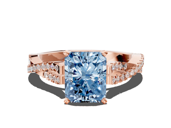 Rose gold Fancy Blue Radiant Cut Diamond Solitaire Engagement Ring with Twisted Pavé Band and Four-Prong Setting