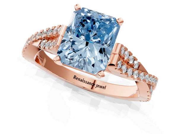 Rose gold Fancy Blue Radiant Cut Diamond Solitaire Engagement Ring with Twisted Pavé Band and Four-Prong Setting