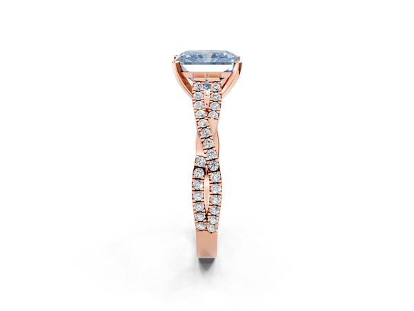 Rose gold Fancy Blue Radiant Cut Diamond Solitaire Engagement Ring with Twisted Pavé Band and Four-Prong Setting