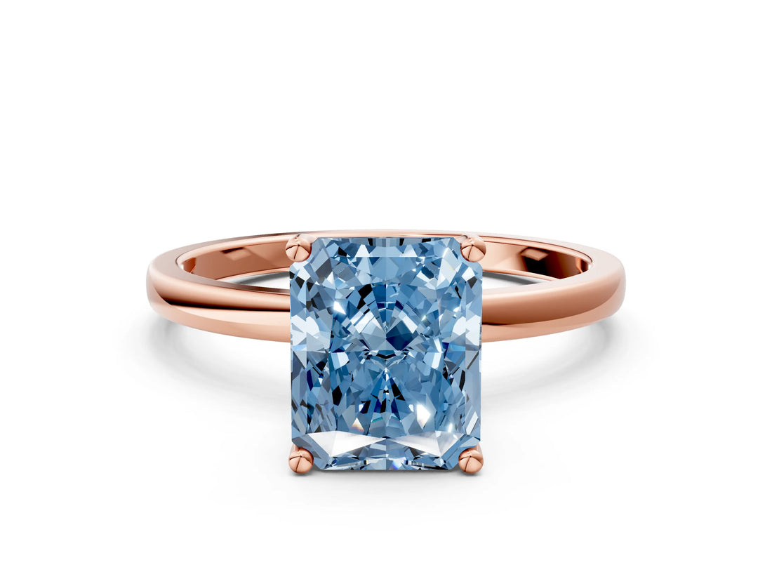 Rose gold Fancy Blue Radiant Cut Diamond Solitaire Ring with Classic Band and Four-Prong Setting