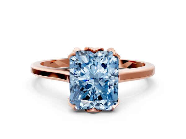 Rose gold Fancy Blue Radiant Cut Diamond Solitaire Ring with Flower Prong Setting and Classic Band