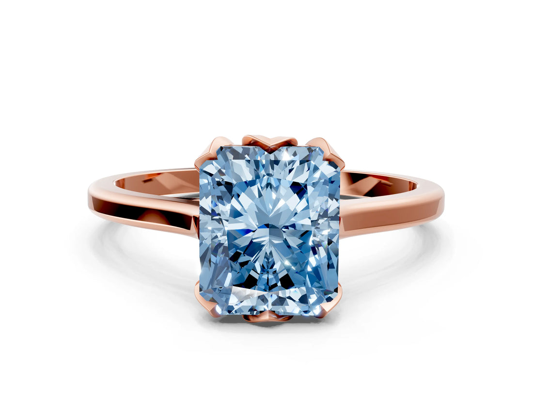Rose gold Fancy Blue Radiant Cut Diamond Solitaire Ring with Flower Prong Setting and Classic Band_37