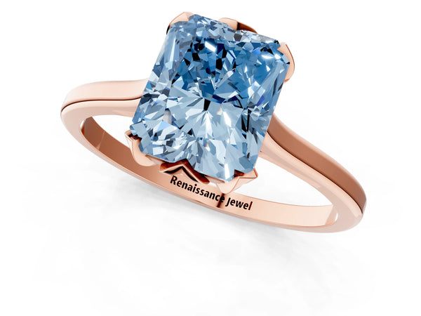 Rose gold Fancy Blue Radiant Cut Diamond Solitaire Ring with Flower Prong Setting and Classic Band