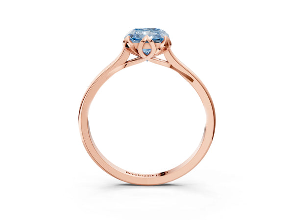 Rose gold Fancy Blue Radiant Cut Diamond Solitaire Ring with Flower Prong Setting and Classic Band