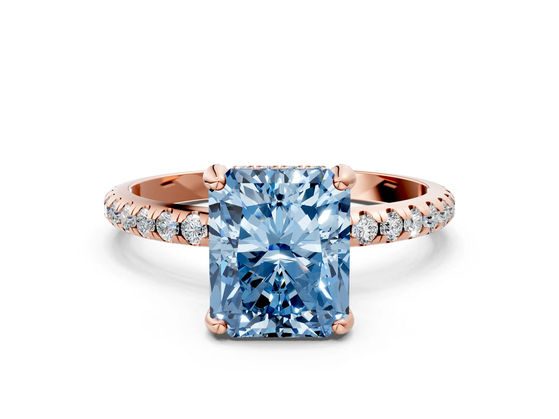 Rose gold Fancy Blue Radiant Cut Diamond Solitaire Ring with Four-Prong Setting and Pavé Band_3