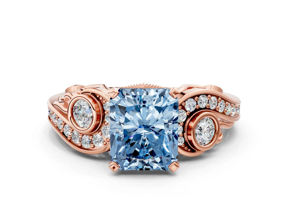 Rose gold Fancy Blue Radiant Cut Diamond Solitaire Ring with Milgrain Pavé Band and Four-Prong Setting_153