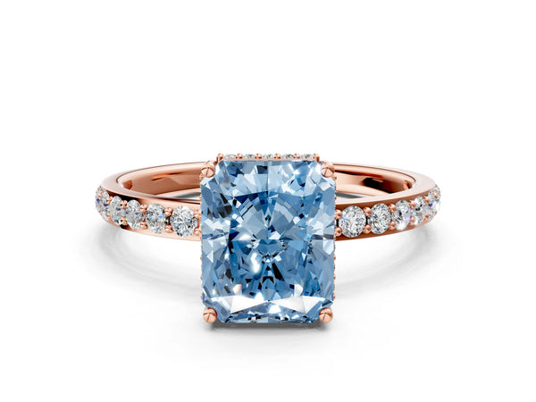 Rose gold Fancy Blue Radiant Cut Diamond Solitaire Ring with Pavé Band and Hidden Halo