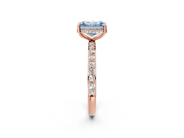 Rose gold Fancy Blue Radiant Cut Diamond Solitaire Ring with Pavé Band and Hidden Halo
